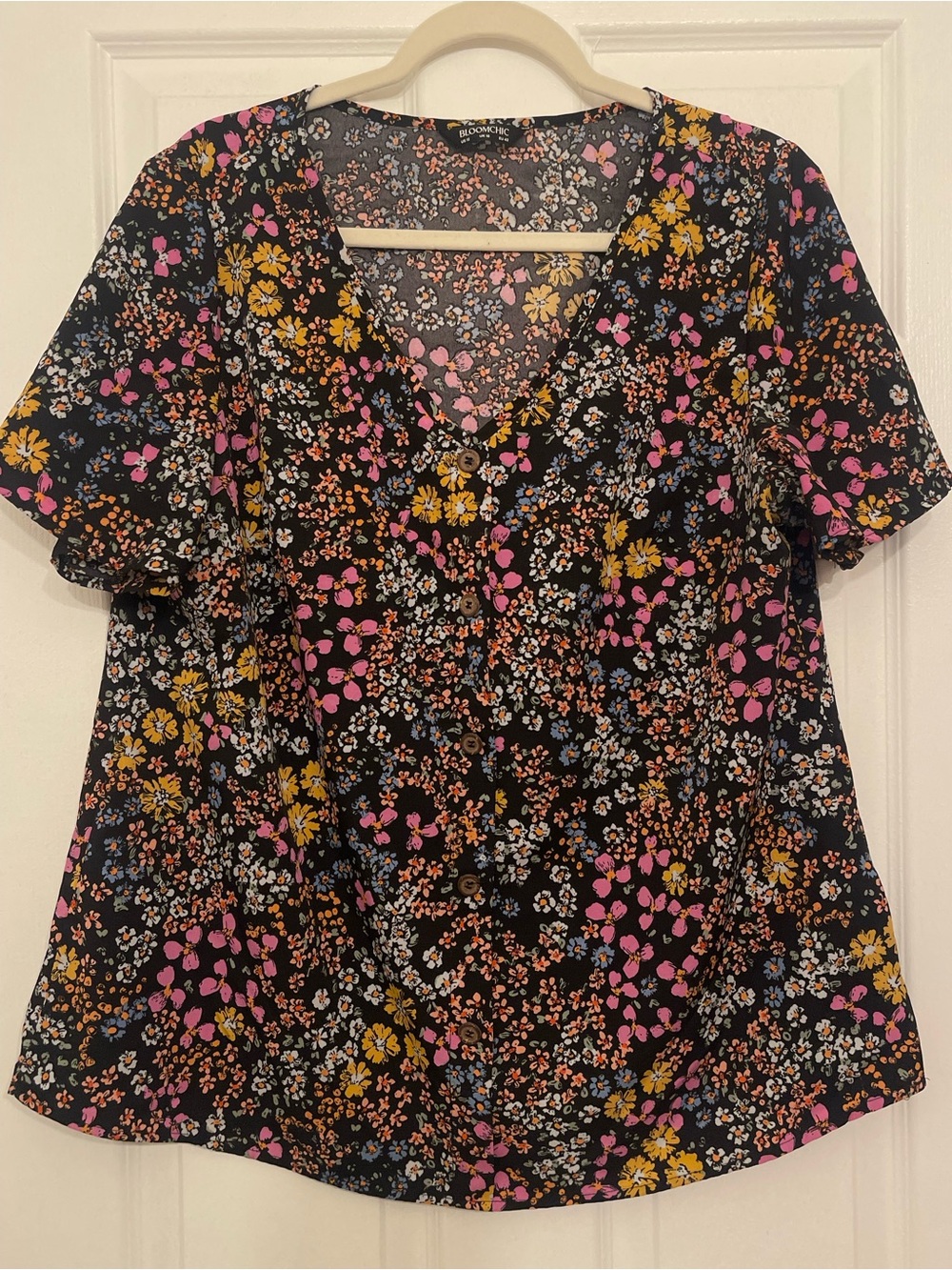 BloomChic Black Floral V-Neck Button Blouse with Pink & Yellow Accents